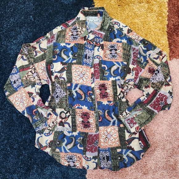 Jonathan Martin Vintage 90s Abstract Floral Patchwork Silk Button Down Shirt - Picture 1 of 7